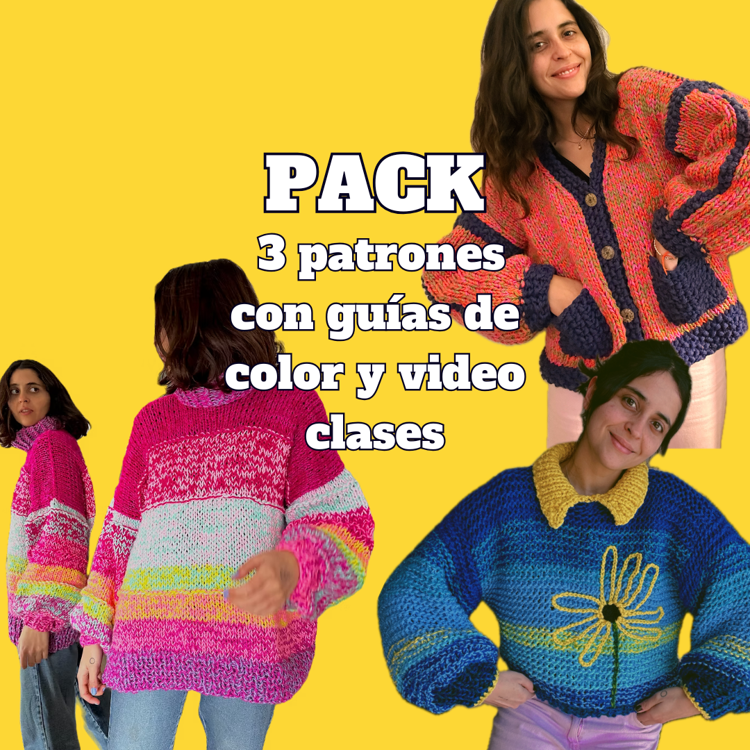 Oferta: 3 patrones con guías de colores y video clases (Pocket Cardigan, Candy Crush, Sunflower)