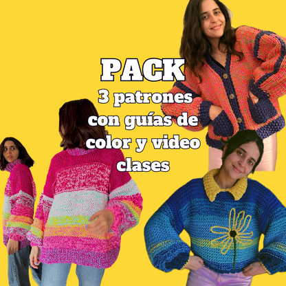 Oferta: 3 patrones con guías de colores y video clases (Pocket Cardigan, Candy Crush, Sunflower)